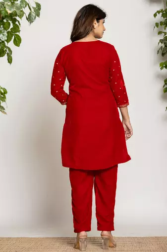  red velvet embroidered co-ord set with cotton lining