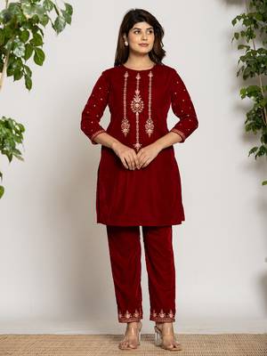  maroon velvet embroidered co-ord set with cotton lining 1