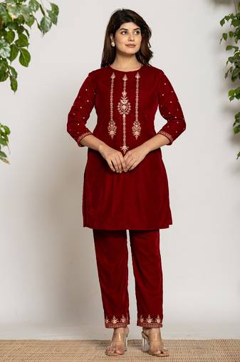 maroon velvet embroidered co-ord set with cotton lining