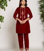  maroon velvet embroidered co-ord set with cotton lining