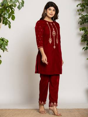  maroon velvet embroidered co-ord set with cotton lining 2