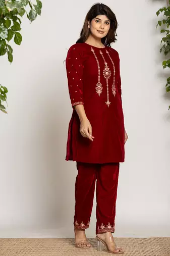  maroon velvet embroidered co-ord set with cotton lining