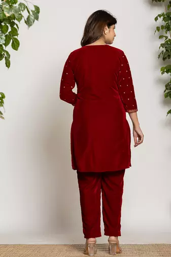  maroon velvet embroidered co-ord set with cotton lining