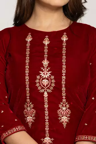  maroon velvet embroidered co-ord set with cotton lining