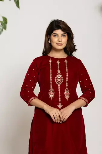  maroon velvet embroidered co-ord set with cotton lining