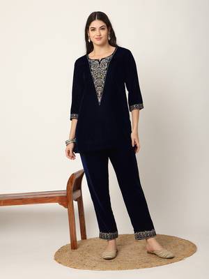  navy blue velvet embroidered co-ord set 1