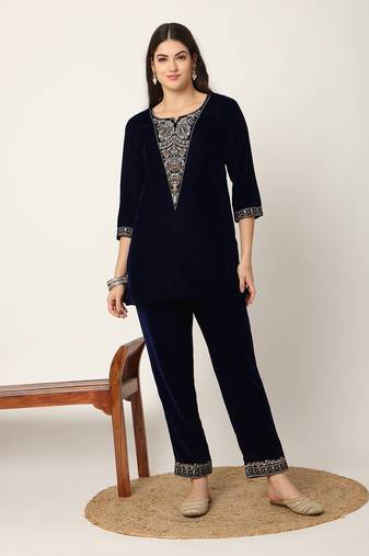  navy blue velvet embroidered co-ord set