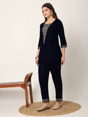  navy blue velvet embroidered co-ord set 2