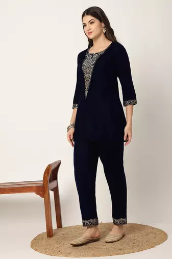  navy blue velvet embroidered co-ord set