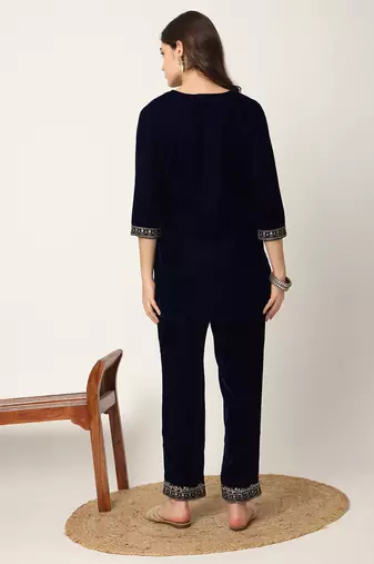  navy blue velvet embroidered co-ord set