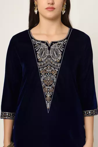 navy blue velvet embroidered co-ord set
