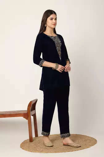  navy blue velvet embroidered co-ord set
