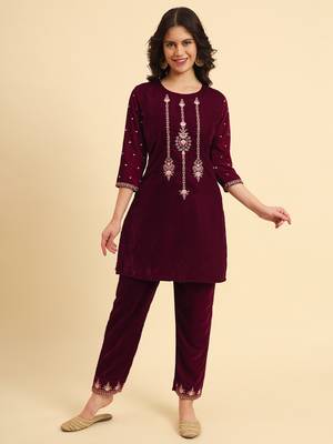  magenta velvet embroidered co-ord set with cotton lining 1