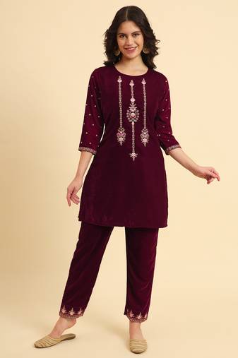  magenta velvet embroidered co-ord set with cotton lining