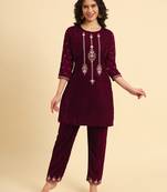  magenta velvet embroidered co-ord set with cotton lining