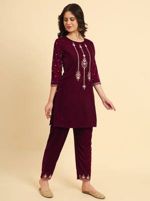  magenta velvet embroidered co-ord set with cotton lining 2