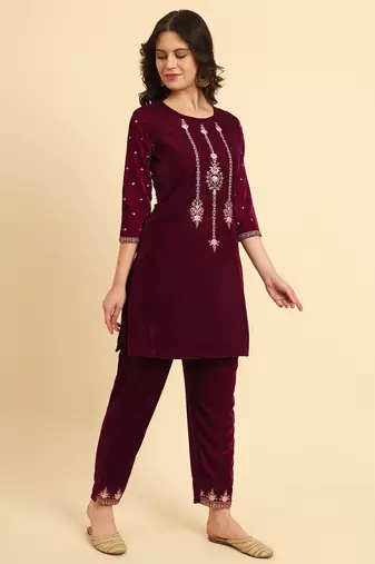  magenta velvet embroidered co-ord set with cotton lining