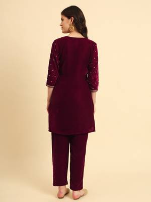  magenta velvet embroidered co-ord set with cotton lining 3