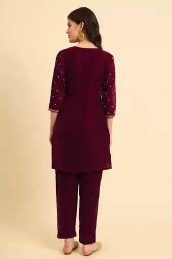  magenta velvet embroidered co-ord set with cotton lining