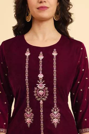  magenta velvet embroidered co-ord set with cotton lining