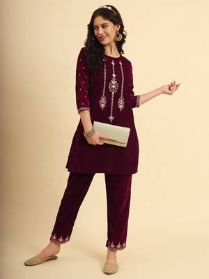  magenta velvet embroidered co-ord set with cotton lining 5