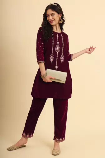  magenta velvet embroidered co-ord set with cotton lining