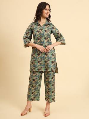  cotton digital printed blue workwear co-ord set with pintuck detailing 1