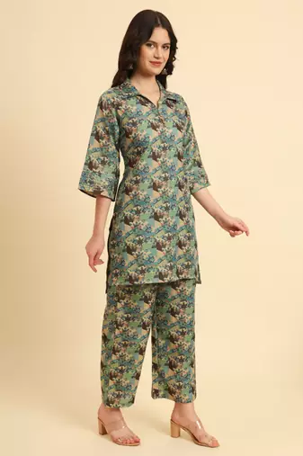  cotton digital printed blue workwear co-ord set with pintuck detailing