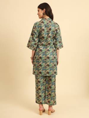  cotton digital printed blue workwear co-ord set with pintuck detailing 3
