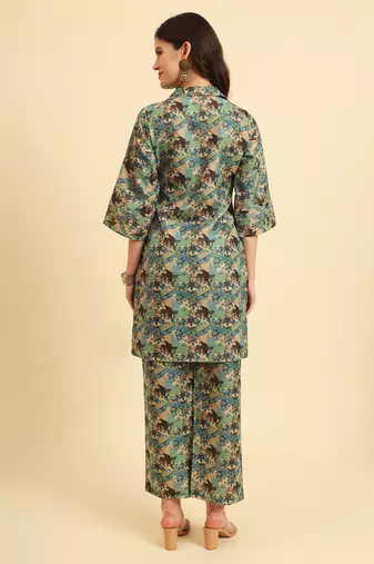  cotton digital printed blue workwear co-ord set with pintuck detailing
