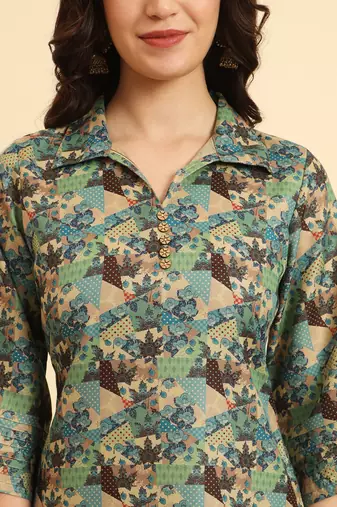  cotton digital printed blue workwear co-ord set with pintuck detailing