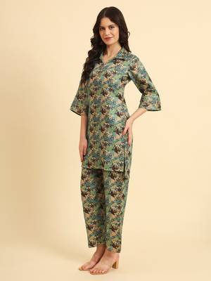  cotton digital printed blue workwear co-ord set with pintuck detailing 5