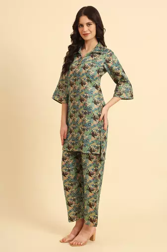  cotton digital printed blue workwear co-ord set with pintuck detailing