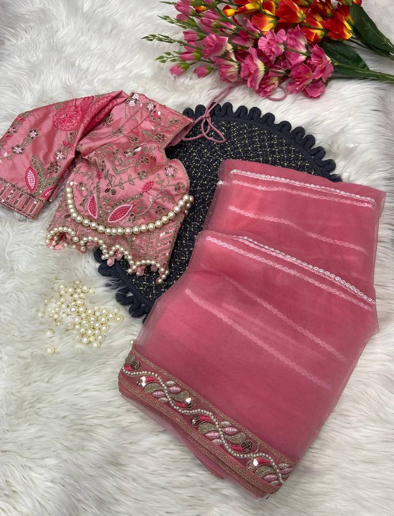Pink COLOUR PREMIUM NET FABRIC HANDWORK WITH BLOUSE