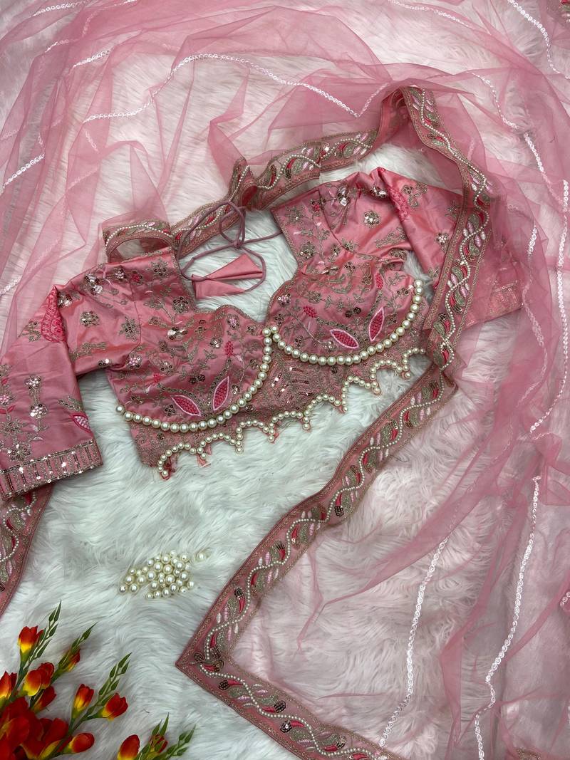 Pink COLOUR PREMIUM NET FABRIC HANDWORK WITH BLOUSE