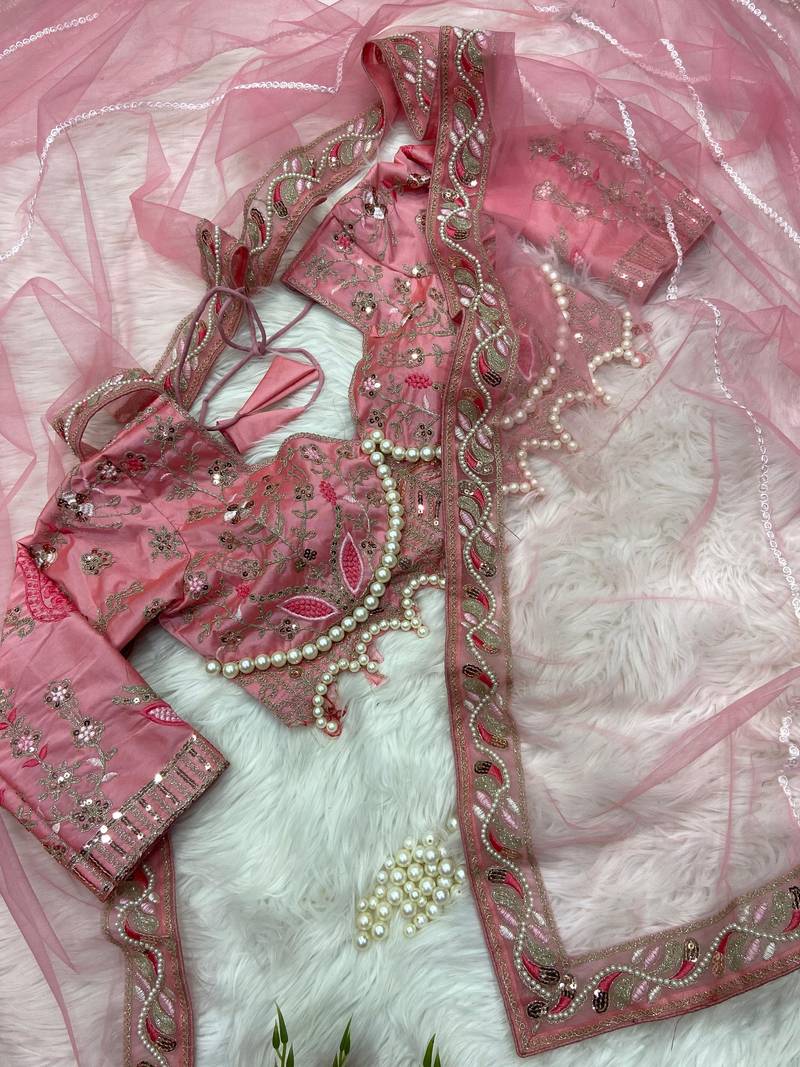 Pink COLOUR PREMIUM NET FABRIC HANDWORK WITH BLOUSE