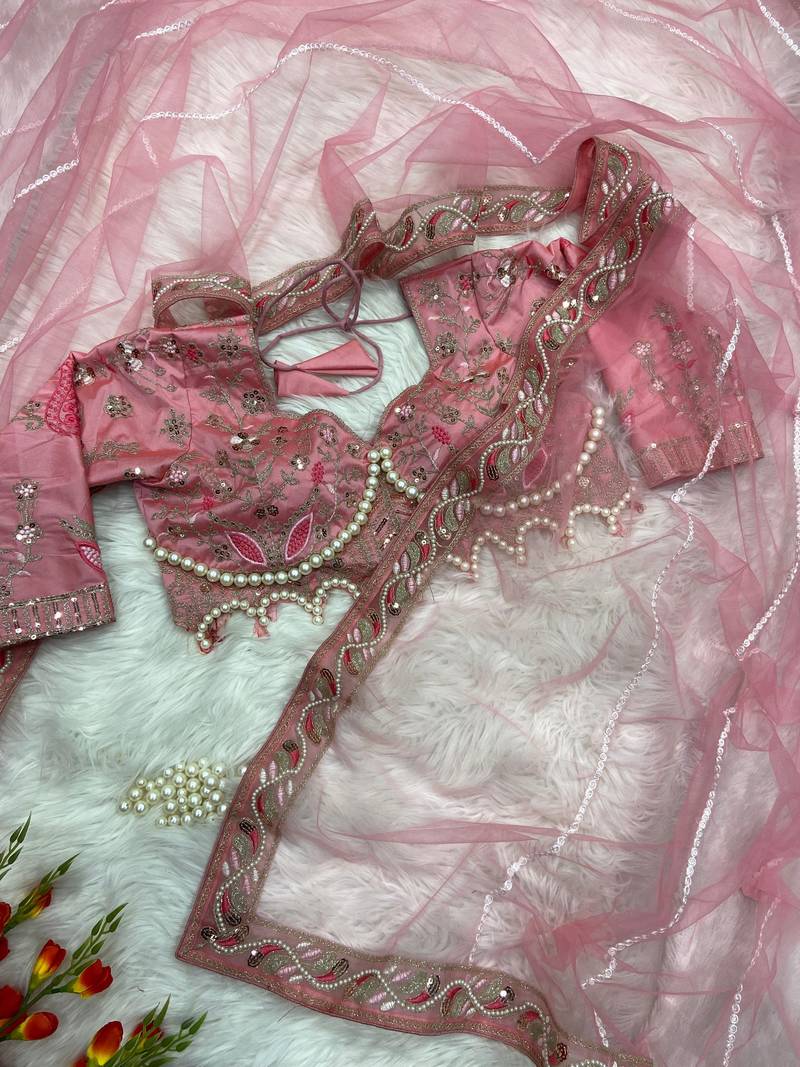 Pink COLOUR PREMIUM NET FABRIC HANDWORK WITH BLOUSE