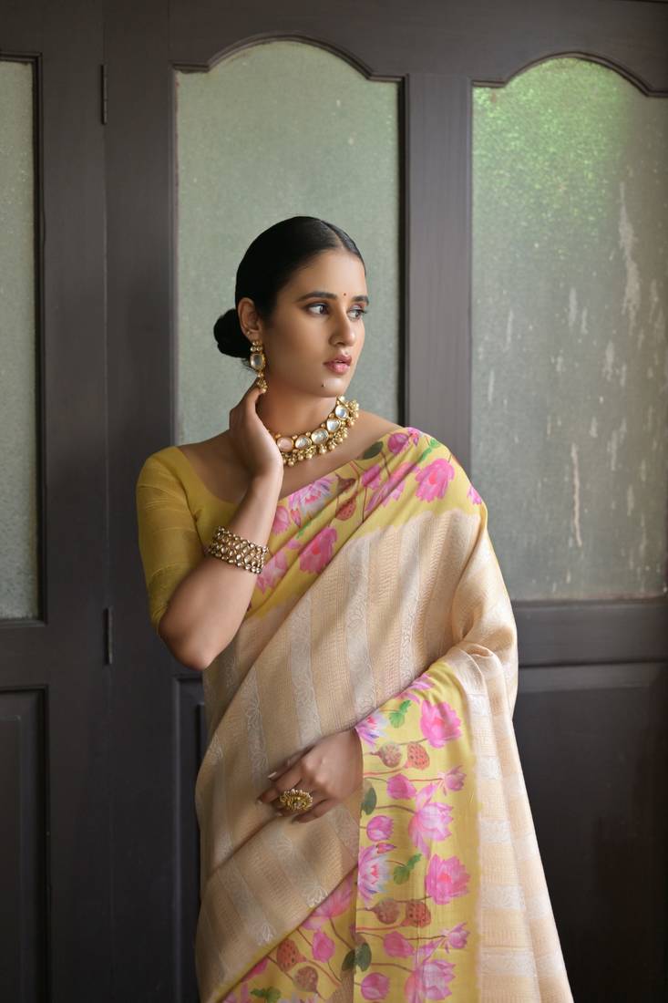 Green Soft Silk Saree in Premium Two-Tone Satin with Paithani Design, Rich Zari Pallu & Contrast Mina Border