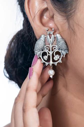 Oxidized silver bird earrings parrot indian earrings / indian jewelry/ statement german silver earrings
