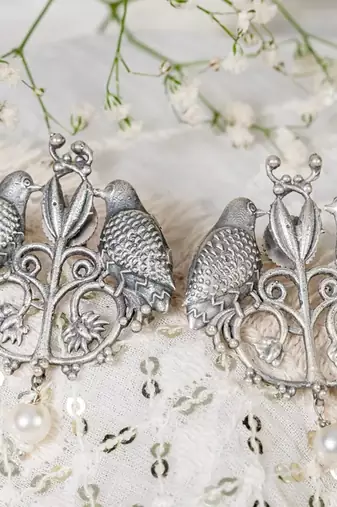 Oxidized silver bird earrings parrot indian earrings / indian jewelry/ statement german silver earrings