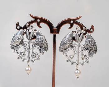 Oxidized silver bird earrings parrot indian earrings / indian jewelry/ statement german silver earrings 3
