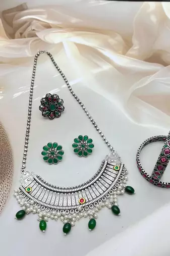 German silver green fusion necklace set indian jewellery set oxidised set with bangles and ring