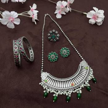 German silver green fusion necklace set indian jewellery set oxidised set with bangles and ring 3