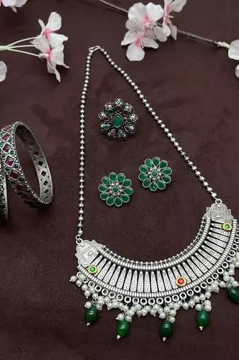 German silver green fusion necklace set indian jewellery set oxidised set with bangles and ring