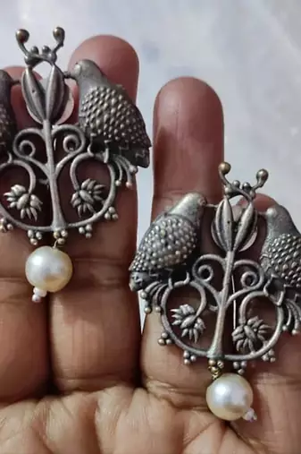 Oxidized silver bird earrings parrot indian earrings / indian jewelry/ statement german silver earrings