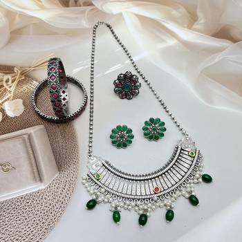 German silver green fusion necklace set indian jewellery set oxidised set with bangles and ring 1