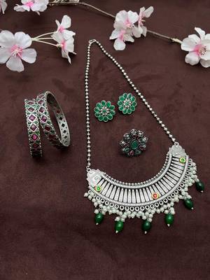 German silver green fusion necklace set indian jewellery set oxidised set with bangles and ring 4