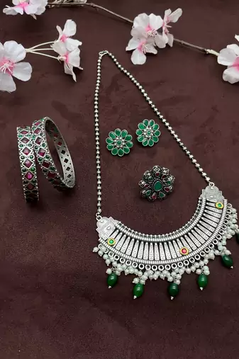 German silver green fusion necklace set indian jewellery set oxidised set with bangles and ring