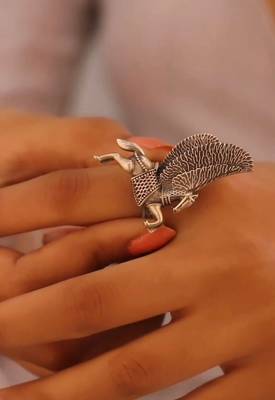 Indian oxidized horse adjustable statement ring german silver jewelry 2
