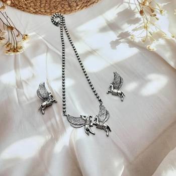 Indian oxidized horse chain pendant with horse ring and earrings jewelry set 1